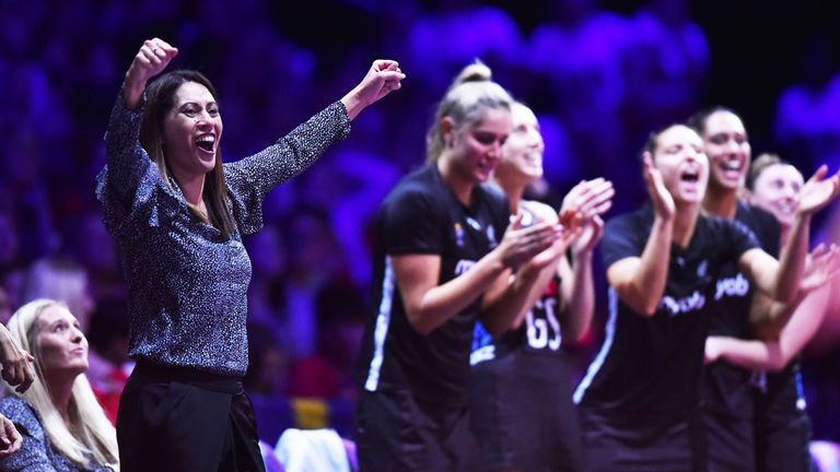 Noeline Taurua and the Silver Ferns celebrate during the Netball World Cup in Liverpool