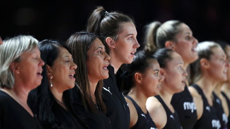 Noeline Taurua and the Silver Ferns lining up for the national anthem at the Vitality Nations Cup