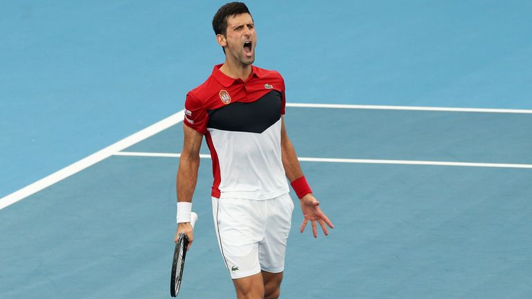 Novak Djokovic of Serbia celebrates winning a point during his quarter final singles match against Denis Shapovalov of Canada during day eight of the 2020 ATP Cup at Ken Rosewall Arena on January 10, 2020 in Sydney, Australia.