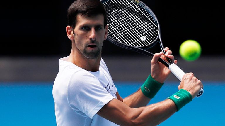 Novak Djokovic of Serbia practices ahead of the 2020 Australian Open at Melbourne Park on January 16, 2020 in Melbourne, Australia.