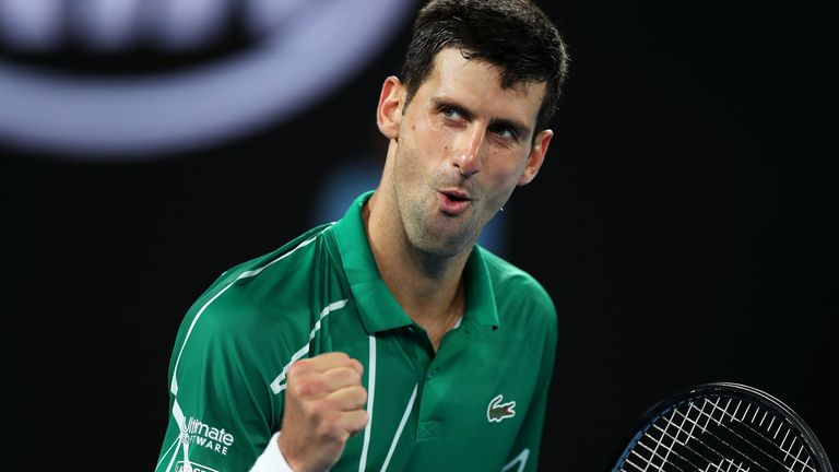 Novak Djokovic of Serbia celebrates during his Men's Singles first round match against Jan-Lennard Struff of Germany on day one of the 2020 Australian Open at Melbourne Park on January 20, 2020 in Melbourne, Australia