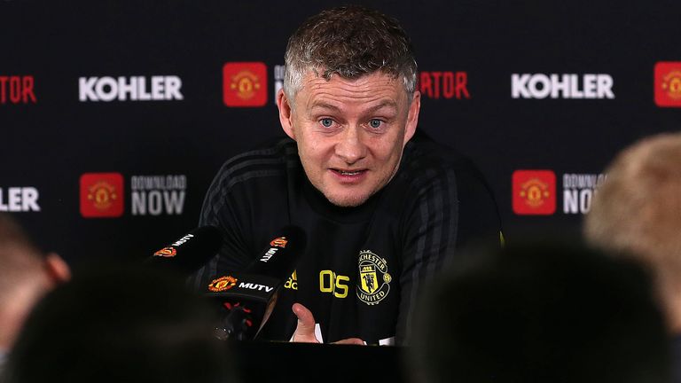 Ole Gunnar Solskjaer speaks during a press conference at Carrington