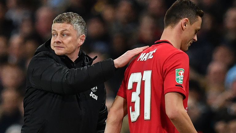 Ole Gunnar Solskjaer consoles Nemanja Matic after the Manchester United player's red card against Manchester City