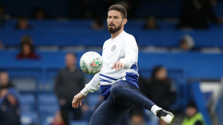 Olivier Giroud of Chelsea before the FA Cup Third Round match between Chelsea FC and Nottingham Forest at Stamford Bridge on January 05, 2020 in London, England. 