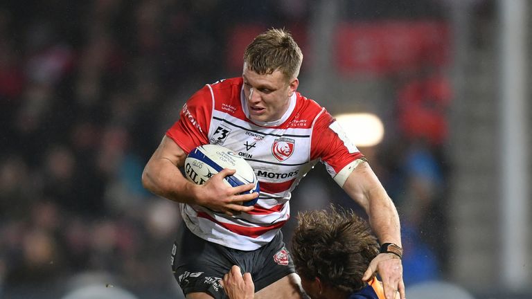 GLOUCESTER, ENGLAND - JANUARY 11: Ollie Thorley of Gloucester is tackled by Francois Steyn of Montpellier during the Heineken Champions Cup Round 5 match between Gloucester Rugby and Montpellier Herault Rugby at Kingsholm Stadium on January 11, 2020 in Gloucester, England. (Photo by Dan Mullan/Getty Images)