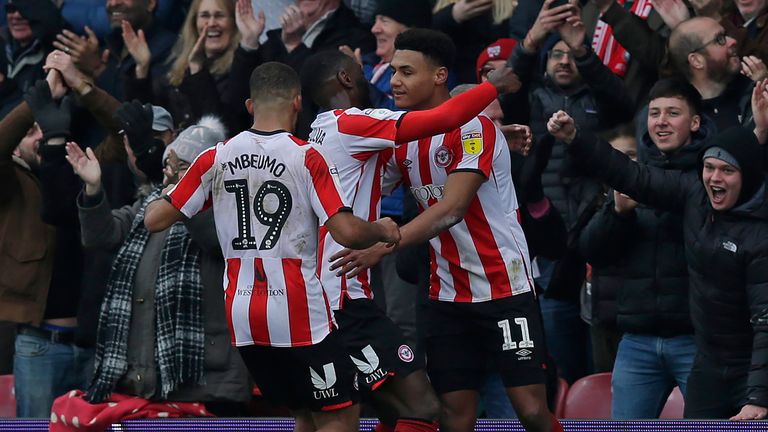 Ollie Watkins celebrates after scoring for Brentford against QPR