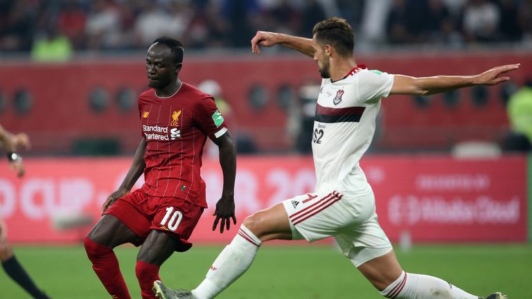 DOHA, QATAR - DECEMBER 21: Sadio Mane of Liverpool competes for the ball with Pablo Mari of CR Flamengo ,during the FIFA Club World Cup Final Match between Liverpool FC and CR Flamengo at Khalifa International Stadium on December 21, 2019 in Doha, Qatar. (Photo by MB Media/Getty Images)