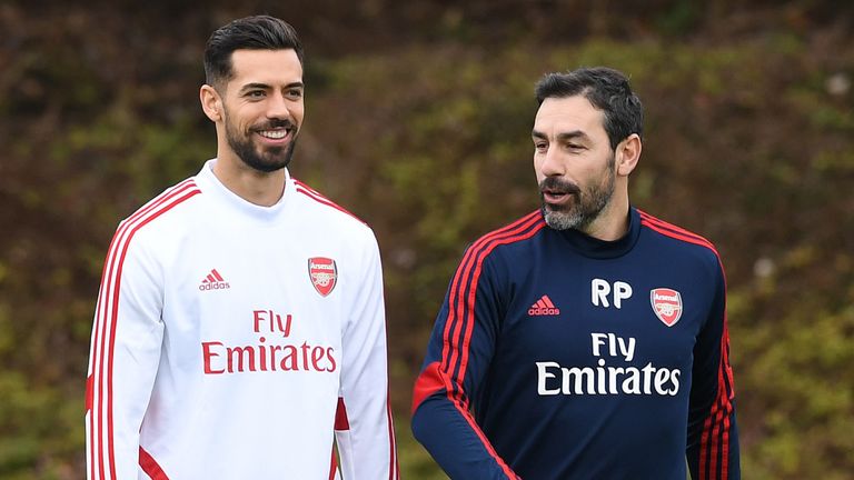 Pablo Mari with Robert Pires during an Arsenal training session at London Colney