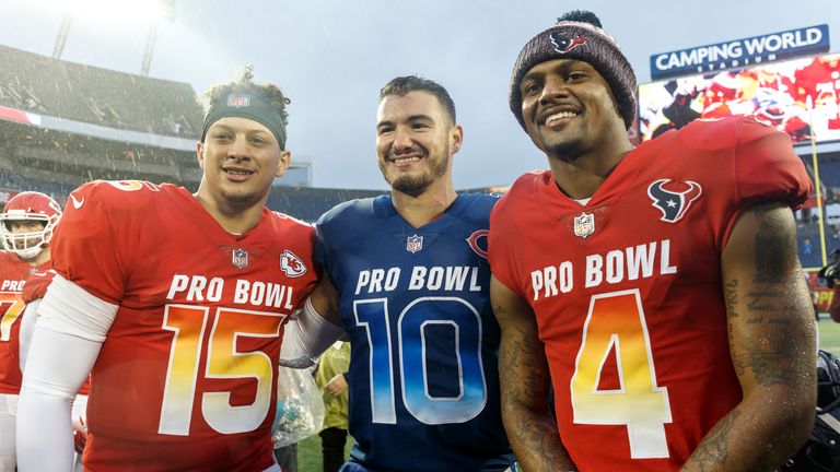 Patrick Mahomes, Mitchell Trubisky and Deshaun Watson pose for a picture at the 2019 Pro Bowl. All three quarterbacks were selected in the 2017 NFL draft. 