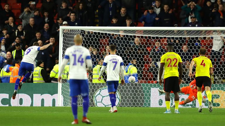 Paul Mullin thumps Tranmere level from the penalty spot against Watford