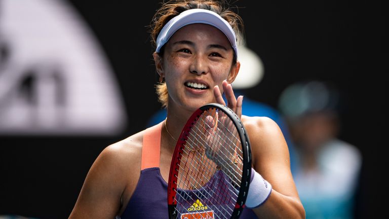 Qiang Wang of China celebrates beating Serena Williams of the United States in her third round match on day five of the 2020 Australian Open at Melbourne Park on January 24, 2020 in Melbourne, Australia.