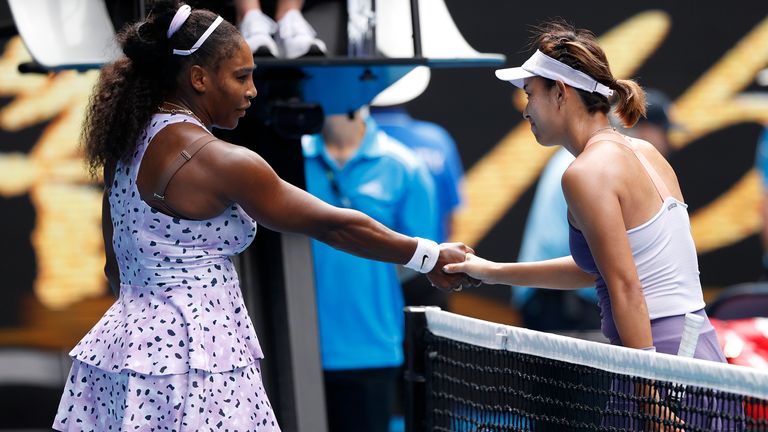 Qiang Wang of China shakes hands with Serena Williams of the United States after their Women's Singles third round match on day five of the 2020 Australian Open at Melbourne Park on January 24, 2020 in Melbourne, Australia