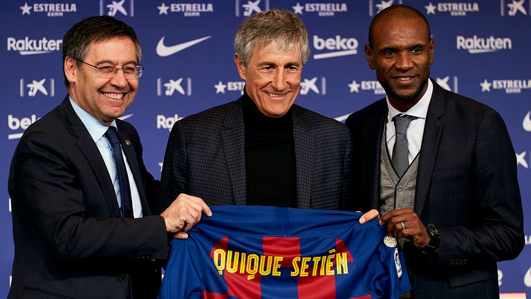 New Barcelona head coach Quique Setien with Josep Maria Bartomeu and Eric Abidal during his unveiling