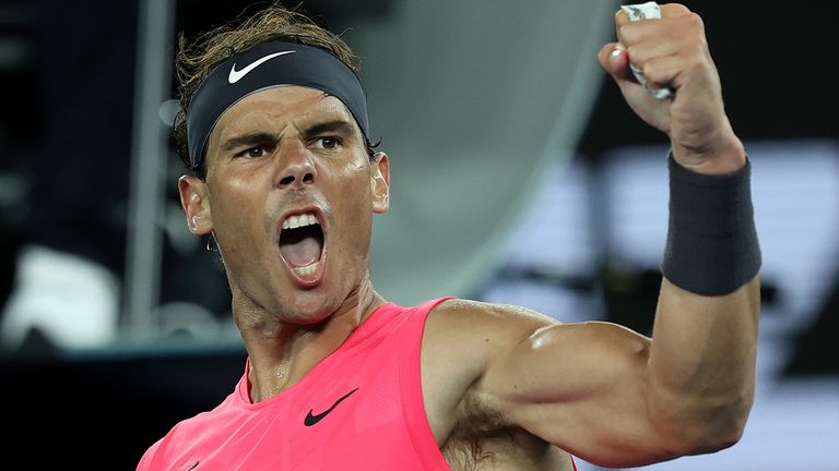 Rafael Nadal of Spain celebrates after winning match point during his Men's Singles fourth round match against Nick Kyrgios of Australia on day eight of the 2020 Australian Open at Melbourne Park on January 27, 2020 in Melbourne, Australia.