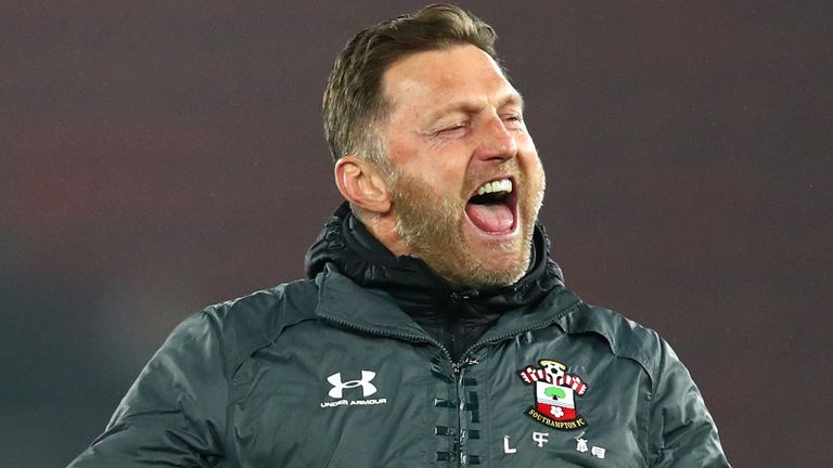 Southampton manager Ralph Hasenhuttl celebrates at full-time against Tottenham