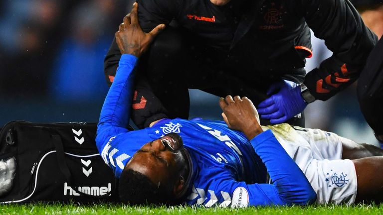 Rangers striker Jermain Defoe goes down injured during the Ladbrokes Premiership match between Rangers and Ross County