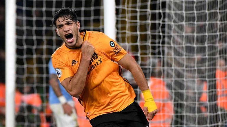 Jiminez celebrates scoring for Wolves against Manchester City