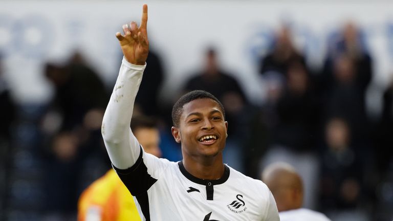 Rhian Brewster celebrates his first goal since joining Swansea on loan from Liverpool