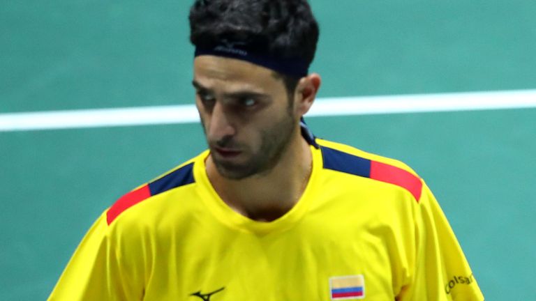 Robert Farah of Colombia compete against Belgium in the doubles during Day 1 of the 2019 Davis Cup at La Caja Magica on November 18, 2019 in Madrid