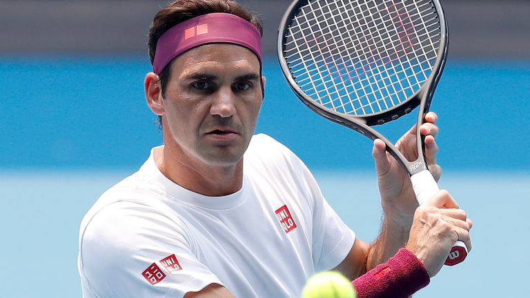 Roger Federer of Switzerland practices ahead of the 2020 Australian Open at Melbourne Park on January 13, 2020 in Melbourne, Australia.