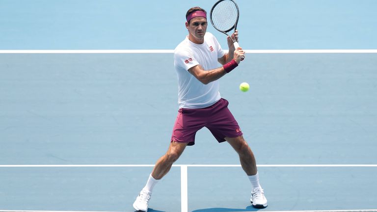 Roger Federer of Switzerland practices ahead of the 2020 Australian Open at Melbourne Park on January 13, 2020 in Melbourne, Australia