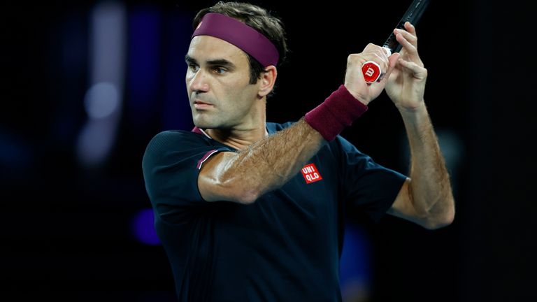 Roger Federer of Switzerland in action during his Men's Singles first round match against Steve Johnson of the United States on day one of the 2020 Australian Open at Melbourne Park on January 20, 2020 in Melbourne, Australia