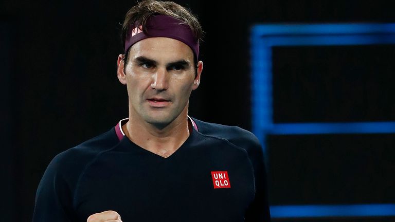 Roger Federer of Switzerland reacts in his second round match against Filip Krajinovic of Serbia on day three of the 2020 Australian Open at Melbourne Park on January 22, 2020 in Melbourne, Australia.