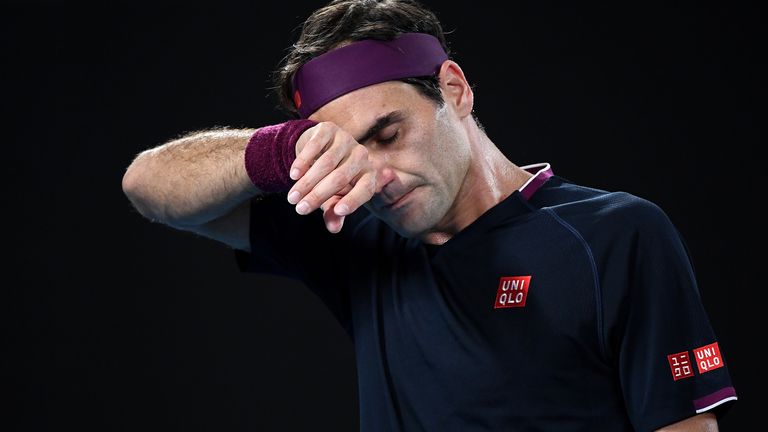 Roger Federer of Switzerland looks on during his Men's Singles Semifinal match against Novak Djokovic of Serbia on day eleven of the 2020 Australian Open at Melbourne Park on January 30, 2020 in Melbourne, Australia.