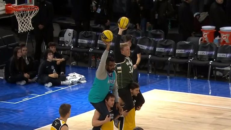 Romesh Ranganathan and Rob Beckett got involved in the half time entertainment of the Bucks at Hornets game in Paris