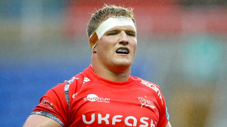 READING, ENGLAND - OCTOBER 26: Ross Harrison of Sale Sharks looks on during the Gallagher Premiership Rugby match between London Irish and Sale Sharks at on October 26, 2019 in Reading, England. (Photo by Malcolm Couzens/Getty Images)