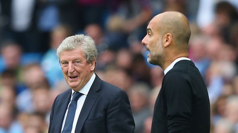 Roy Hodgson and Pep Guardiola during the Premier League match between Manchester City and Crystal Palace