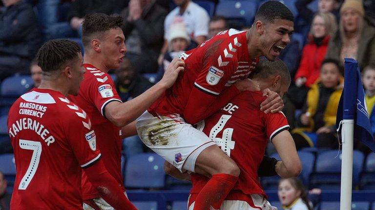 Middlesbrough's Rudy Gestede (right) celebrates scoring his side's first goal of the gam