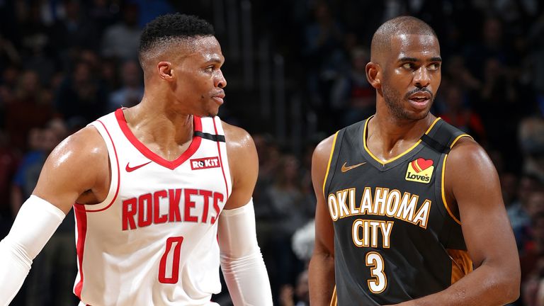 Russell Westbrook and Chris Paul match up during a Rockets-Thunder clash