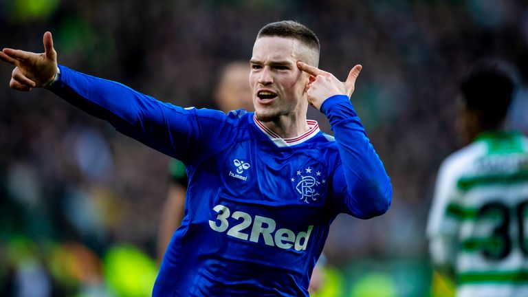 Ryan Kent celebrates his goal during the Premiership match between Celtic and Rangers