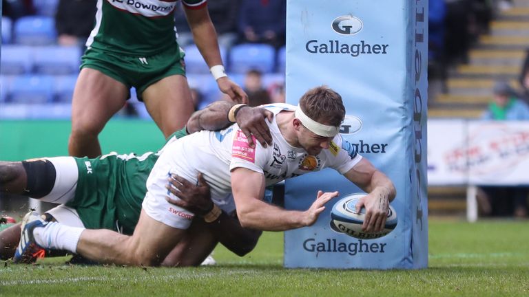 Sam Hill scores Exeter's first try during the Gallagher Premiership match at the Madejski Stadium, Reading. PA Photo. Picture date: Sunday January 5, 2020. See PA story RUGBYU London Irish. Photo credit should read: David Davies/PA Wire. RESTRICTIONS: Editorial use only. No commercial use.