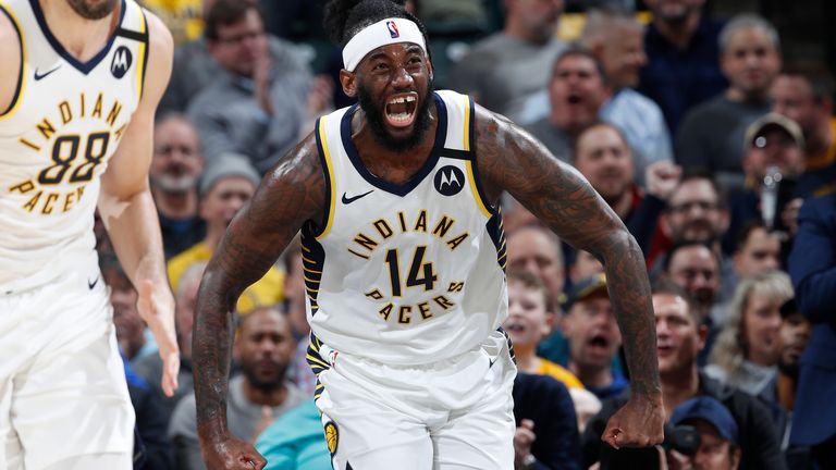  JaKarr Sampson #14 of the Indiana Pacers reacts after a dunk against the Chicago Bulls in the second half of a game at Bankers Life Fieldhouse