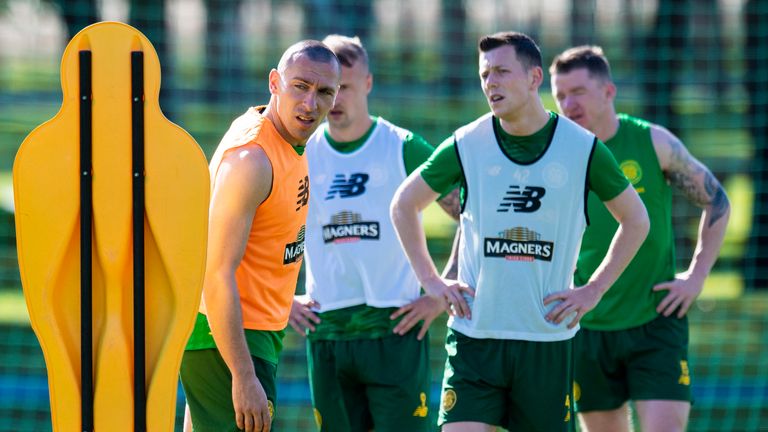 Celtic's Scott Brown and Callum McGregor during a training session in Dubai