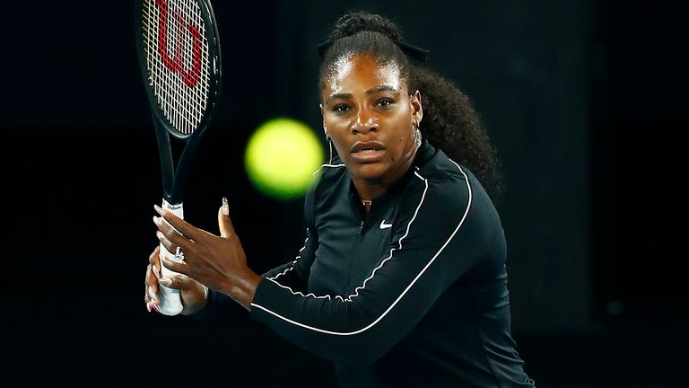 Serena Williams of United States practices ahead of the 2020 Australian Open at Melbourne Park on January 16, 2020 in Melbourne, Australia. 