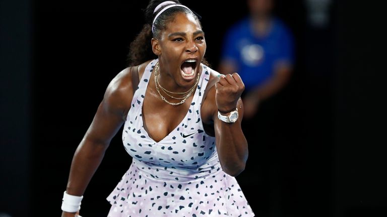 Serena Williams of the United States reacts during her Women's Singles second round match against Tamara Zidansek of Slovenia on on day three of the 2020 Australian Open at Melbourne Park on January 22, 2020 in Melbourne, Australia