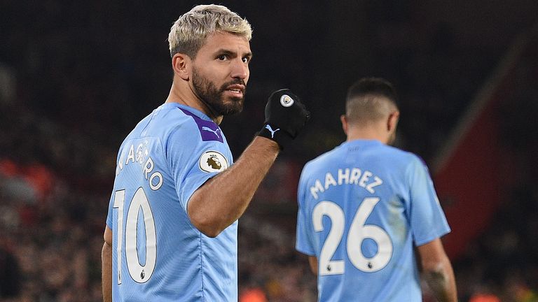 Sergio Aguero celebrates his goal against Sheffield United