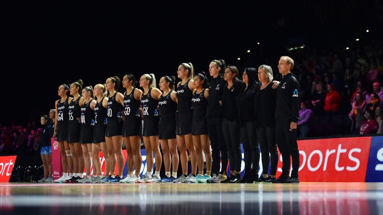 Silver Ferns lining up for the national anthem at the Vitality Nations Cup