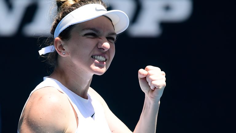 Simona Halep of Romania celebrates after winning match point after her Women's Singles fourth round match against Elise Mertens of Belgium on day nine of the 2020 Australian Open at Melbourne Park on January 27, 2020 in Melbourne, Australia.
