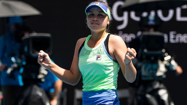 Sofia Kenin of the United States celebrates her victory in her quarter final match against Ons Jabeur of Tunisia on day nine of the 2020 Australian Open at Melbourne Park on January 28, 2020 in Melbourne, Australia