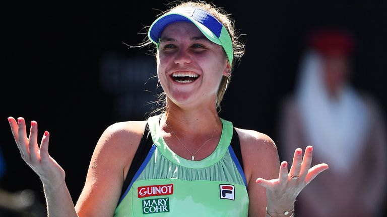 Sofia Kenin of the United States celebrates after winning her Women's Singles Semifinal match against Ashleigh Barty of Australia on day eleven of the 2020 Australian Open at Melbourne Park on January 30, 2020 in Melbourne, Australia.