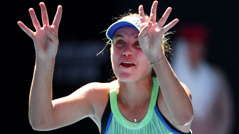 Sofia Kenin of the United States celebrates after winning her Women's Singles Semifinal match against Ashleigh Barty of Australia on day eleven of the 2020 Australian Open at Melbourne Park on January 30, 2020 in Melbourne, Australia