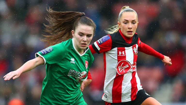 Coventry United 's Shannon O'Brien battles for the ball with Phoebe Williams