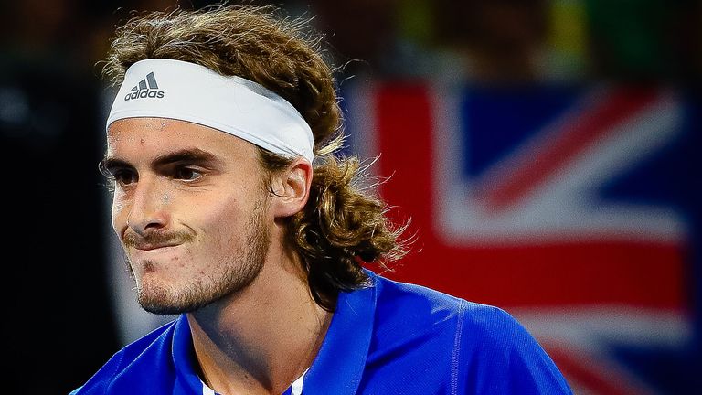 Stefanos Tsitsipas of Greece reacts during the men&#39;s singles match on day five of the ATP Cup tennis tournament against Nick Kyrgios of Australia in Brisbane on January 7, 2020