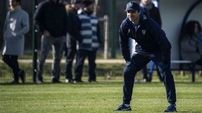 Toulouse Olympique XIII's coach Sylvain Houles looks on during a training session with Sydney Roosters at The National Institute of Sport in Paris (INSEP) in Paris on February 13, 2019, ahead of Sydney Roosters' rugby league match against Wigan Warriors in the World Club Challenge on February 17. (Photo by Christophe ARCHAMBAULT / AFP) (Photo credit should read CHRISTOPHE ARCHAMBAULT/AFP via Getty Images)