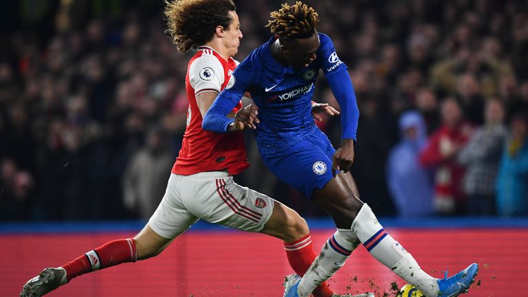 Tammy Abraham is fouled by David Luiz leading to a red card for the Arsenal defender