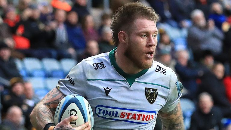 COVENTRY, ENGLAND - JANUARY 05: Teimana Harrison of Northampton Saints in action during the Gallagher Premiership Rugby match between Wasps and Northampton Saints at on January 05, 2020 in Coventry, England. (Photo by Matthew Lewis/Getty Images)